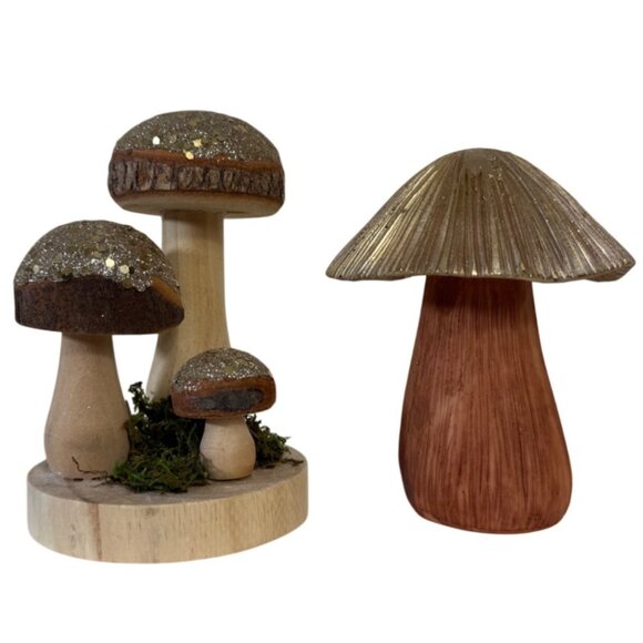 Retro Style Mushroom Figurine Set Golden Glitter Cap Fairy Garden Wood Resin - Picture 1 of 14